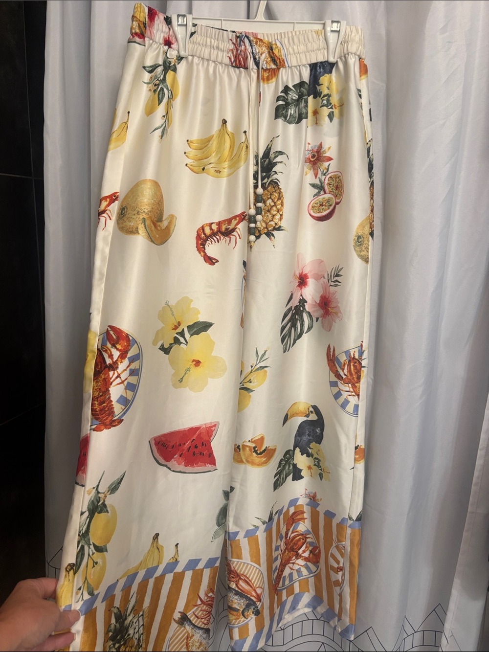 Women's soft wide leg Cream Tropical-Print Satin Maxi pants